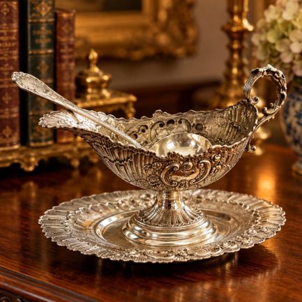 ANTIQUE SILVER SAUCE BOAT — ORNAMENT, CRAFTSMANSHIP & TIMELESS ELEGANCE